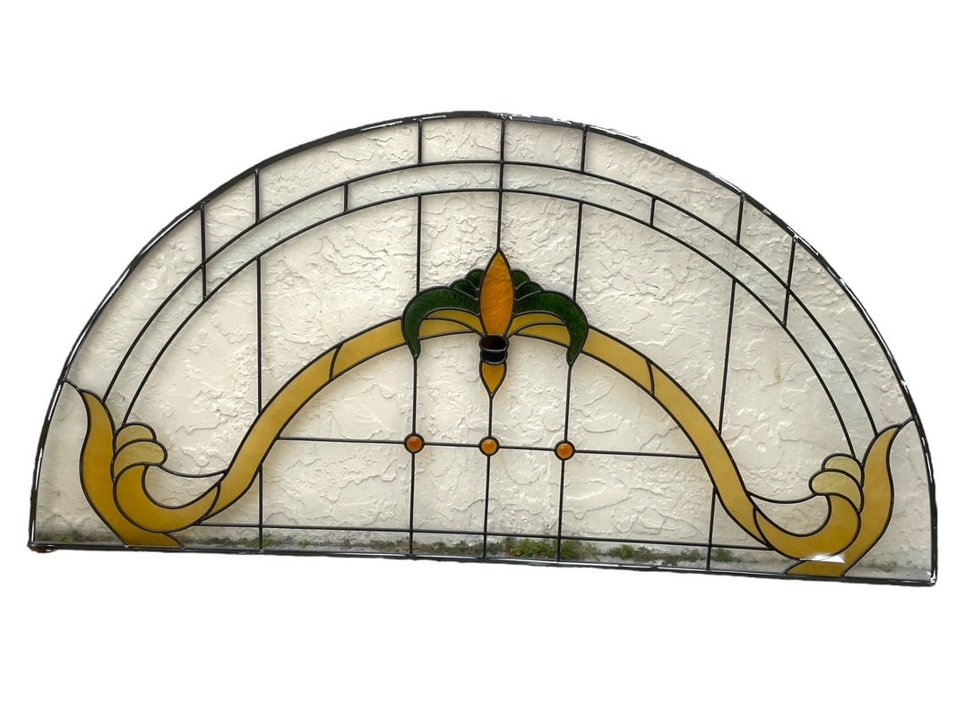 STAINED GLASS DEMI LUNE WINDOW PANE 74": VINTAGE STAINED GLASS DEMILUNE ABSTRACT FOLIATE LEADED GLASS WINDOW PANE-36" X 74" APPROX-VERY GOOD PRE OWNED CONDITION-DP41124ANX