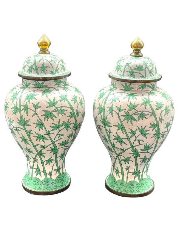PAIR OF BRASS CLOISSONE BAMBOO GINGER JARS 14": PAIR OF VINTAGE ENAMELED BRASS CLOISSONE GINGER JARS-14" H APPROX EACH-VERY GOOD PRE OWNED CONDITION-DP41224GLRY