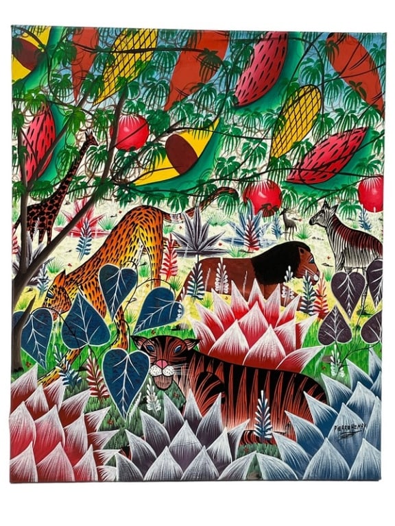 HAITIAN ART JUNGLE SCENE PAINTING 23": HAITIAN ART JUNGLE SCENE PAINTING SIGNED PIERRE HENRY -23" X 19" APPROX -VERY GOOD PRE OWNED CONDITION -DP41724