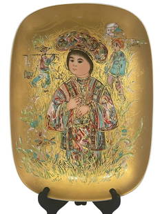 LIMITED EDITION EDNA HIBEL "TARO-KUN" PLATE 24K: This is a limited edition Edna Hibel "Taro-kun" plate from the "Arte Ovale" series, Section III, adorned with 24k gold, one of only 2000 pieces. Crafted in fine Bavarian hard-paste porcelain, 