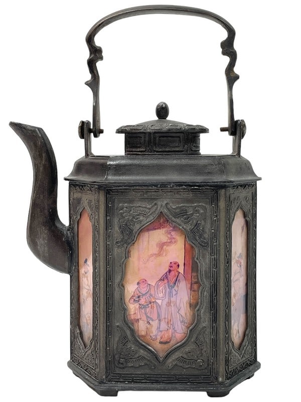 ANTIQUE CHINESE PEWTER & HAND PAINTED GLASS TEAPOT (1 of 8)
