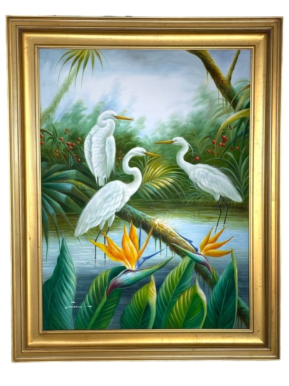 LARGE COASTAL HERON BIRDS OIL PAINTING 57.5" (1 of 5)