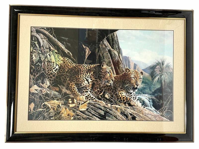 CRAIG BONE LIMITED EDITION LEOPARD SENTRY PRINT: CRAIG BONE LIMITED EDITION LEOPARD SENTRY PRINT -32" X 45" APPROX TO FRAME -VERY GOOD PRE OWNED CONDITION, MINOR WEAR TO FRAME -DP21424