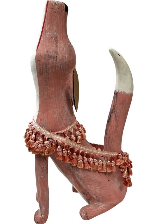 HECTOR RASCON WOOD CARVED COYOTE 34": HECTOR RASCON WOOD CARVING VINTAGE FOLK ART COYOTE -SIGNED ON BOTTOM - HAND PAINTED SOUTHWEST NEW MEXICO ART -VERY GOOD PRE OWNED CONDITION, MINOR WEAR, MISSING WHISKER