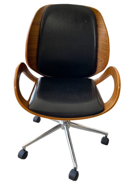 WATSON WALNUT AND BLACK MODERN OFFICE CHAIR: WATSON WALNUT AND BLACK LEATHER MODERN OFFICE CHAIR -17"W x 18"D x 17"-20"H -VERY GOOD PRE OWNED CONDITION -DP43024