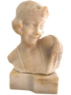 SIGNED ALABASTER BUST OF A WOMAN 10": STYLE OF MEDARDO ROSSO ALABASTER BUST OF A WOMAN -SIGNED PRIMO DERUTTO -10" H APPROX -VERY GOOD PRE OWNED CONDITION -DP4424