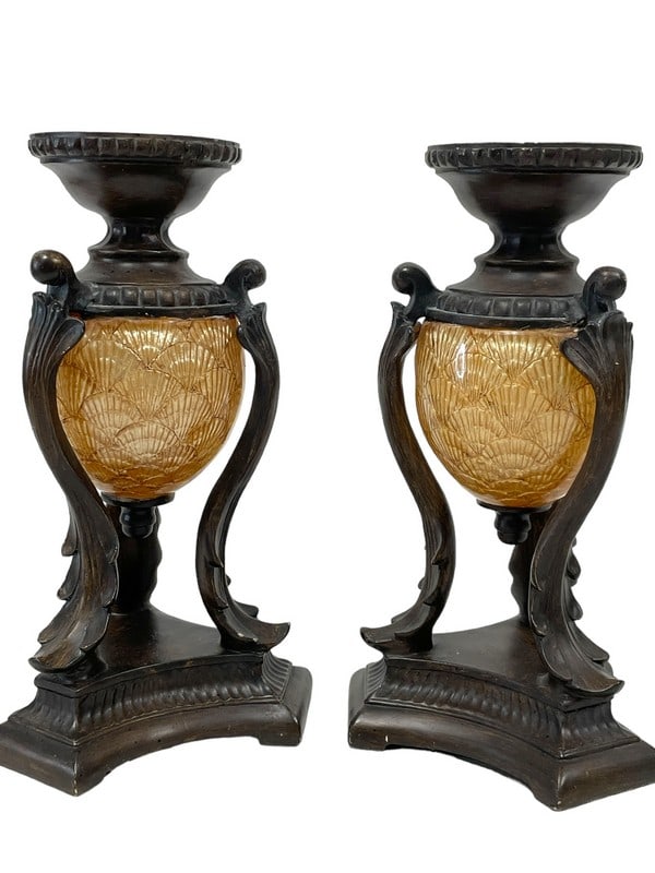 NEOCLASSICAL ROMAN GREEK STYLE CANDLESTICKS 11": NEOCLASSICAL ROMAN GREEK STYLE CANDLESTICKS -COMPOSITE MATERIAL -11" HEIGHT APPROX -VERY GOOD PRE OWNED CONDITION, MINOR WEAR -DP5224