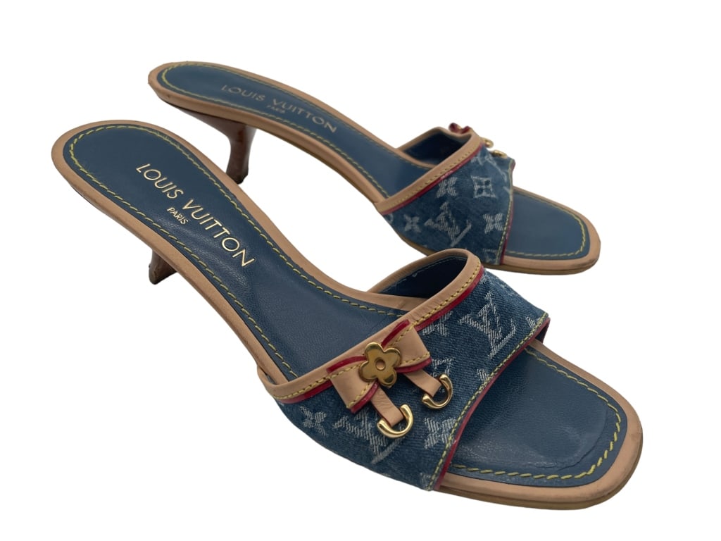 LOUIS VUITTON BLUE DENIM NONOGRAMMED SANDALS (1 of 4)