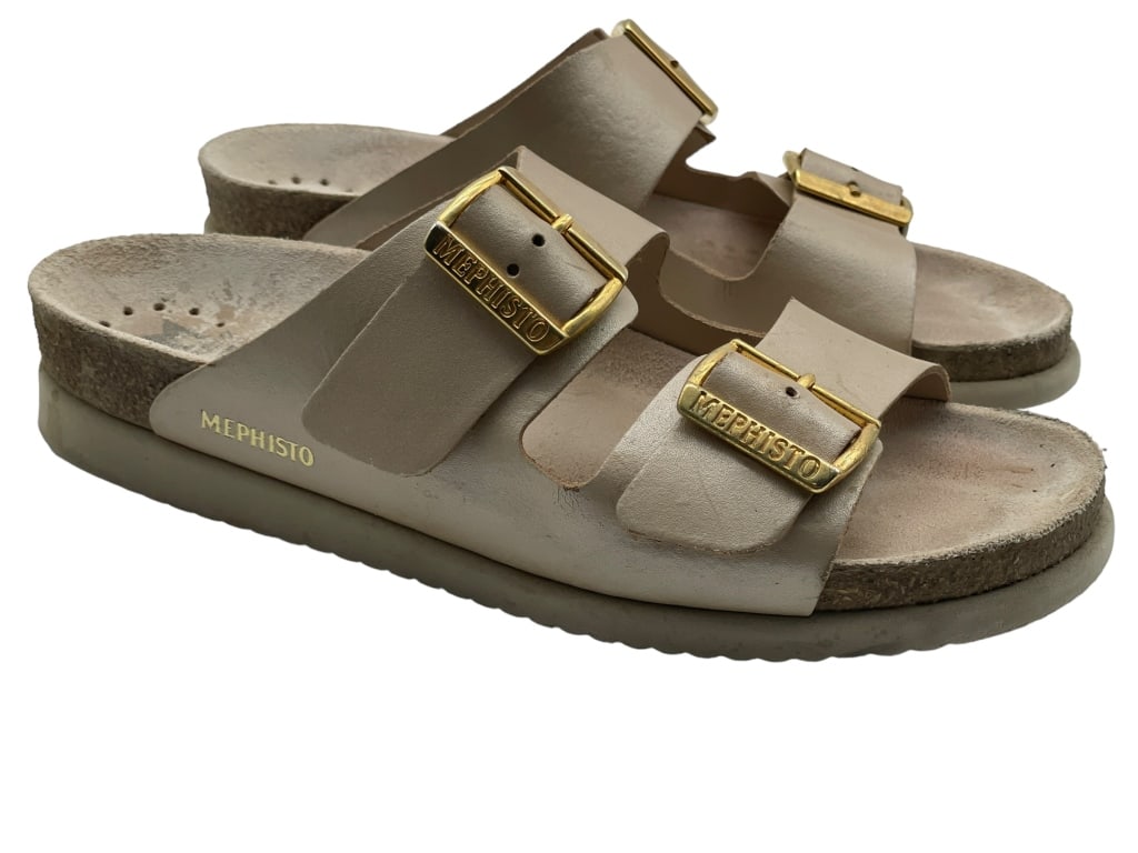 MEPHISTO METALIC LEATHER WOMEN'S SLIDE SANDAL: MEPHISTO METALIC LEATHER WOMEN'S SLIDE SANDAL -GOOD PREOWNED CONDITON -SIZE 39