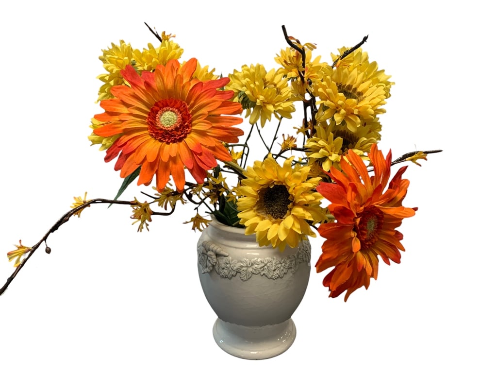 LARGE FAUX SUNFLOWER ARRANGEMENT IN CERAMIC POT (1 of 2)