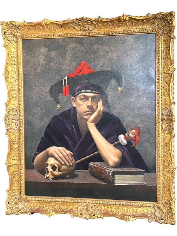 RYAN BONGERS SAD JESTER OIL PAINTING 41": RYAN BONGERS SAD JESTER OIL PAINTING IN GILT FRAME -41" X 35" APPROX -VERY GOOD PRE OWNED CONDITION -DP51524