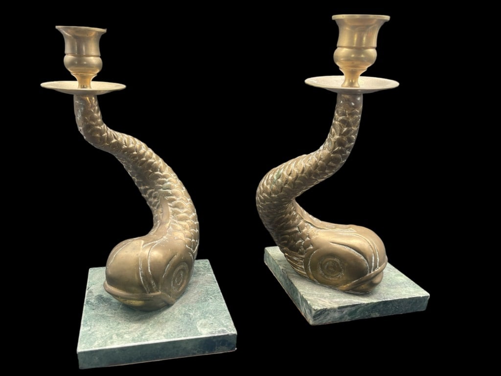 PAIR OF BRASS KOI FISH CANDLE HOLDERS MARBLE BASE (1 of 4)