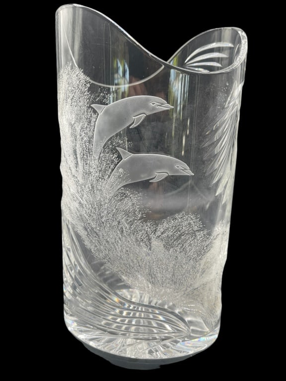 WATERFORD SURFING DOLPHINS VASE BY PAT BROPHY: WATERFORD SURFING DOLPHINS VASE BY PAT BROPHY -LIMITED EDITION -VERY GOOD CONDITION- NO CHIPS, CRACKS OR REPAIRS -APROX 12 " X 8"