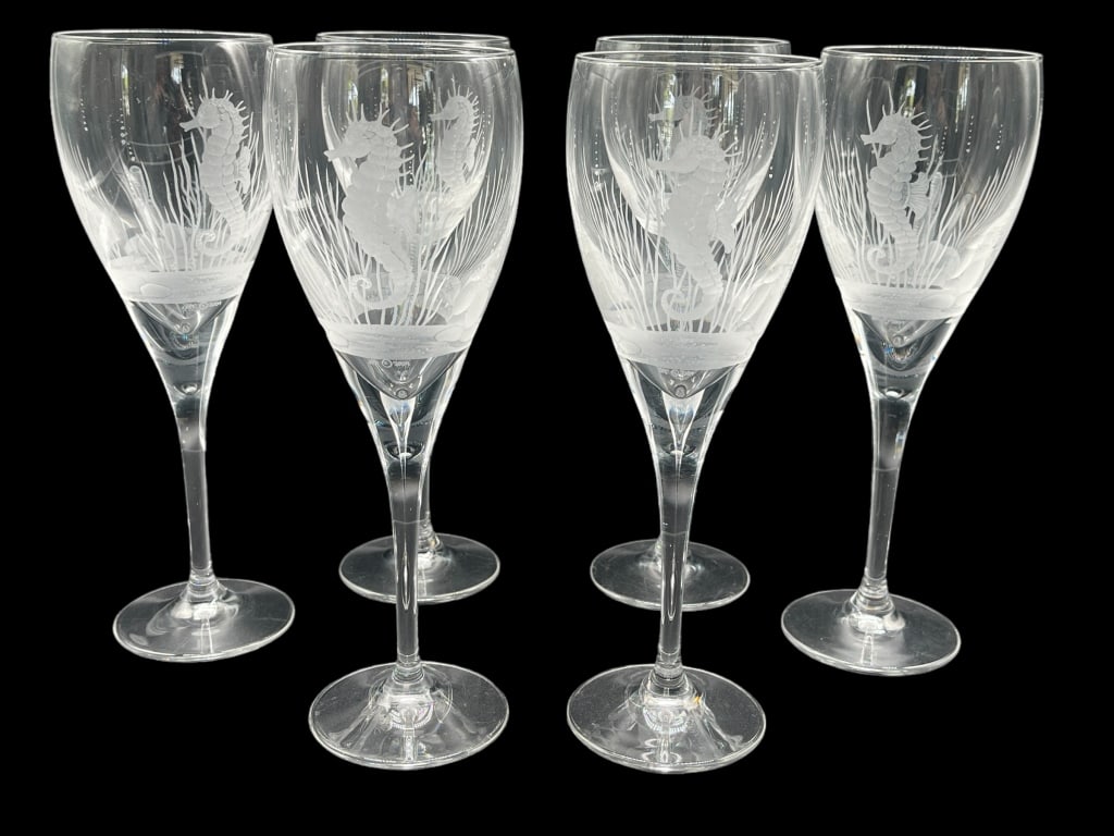 6 SPC ETCHED ENGRAVED SEA HORSE WINE GLASSES: 6 SPC ETCHED ENGRAVED SEA HORSE WINE GLASSES -VERY GOOD CONDITION- NO CHIPS, CRACKS OR REPAIRS -APROX 9".5 H X 3"
