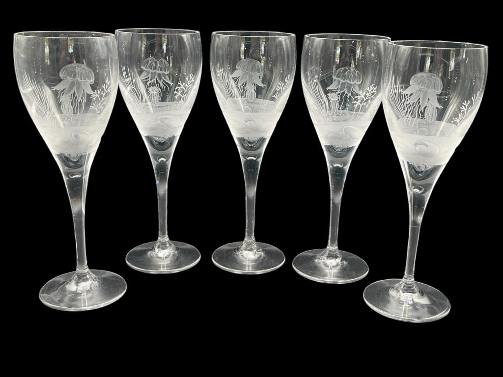 6 SPC ETCHED ENGRAVED SEA URCHIN WINE GLASSES: 6 SPC ETCHED ENGRAVED SEA URCHIN WINE GLASSES -VERY GOOD CONDITION- NO CHIPS, CRACKS OR REPAIRS -APROX 8.5" H X 3"