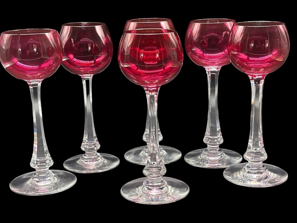 BACCARAT RUBY RED CRYSTAL LONGG STEM WINE GLASSES: SET OF 6 BACCARAT RUBY RED CRYSTAL LONGG STEM WINE GLASS -VERY GOOD CONDITION- NO CHIPS, CRACKS OR REPAIRS -APROX 7".5 H X 2"
