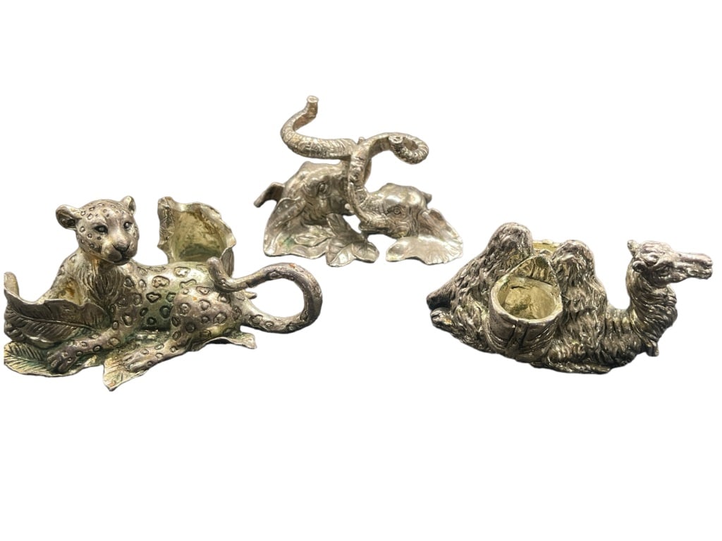 SET OF 3 SILVER ANIMAL CANDLEHOLDERS: SET OF 3 SILVER ANIMAL CANDLEHOLDERS -UP TO 3"H