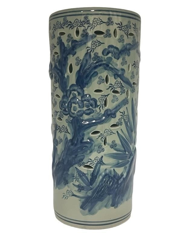 VINTAGE CHINESE PORCELAIN UMBRELLA STAND 17": VINTAGE CHINESE PORCELAIN UMBRELLA STAND - FEATURES INTRICATE FLORAL MOTIFS AND STYLIZED SCENES IN VIVID COBALT BLUE, SET AGAINST A WHITE BACKGROUND. -17" X 7" DIAMETER APPROX