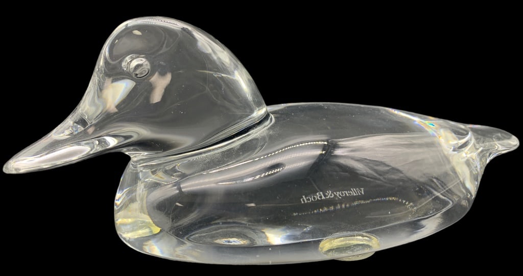 VILLEROY & BOCH DUCK FIGURINE: VILLEROY & BOCH DUCK FIGURINE FLOATING MALLARD CLEAR GERMAN CRYSTAL ART-COUNTRY/REGION OF MANUFACTURE: GERMANY-HEIGHT: 6IN-WIDTH: 2IN-JH060524