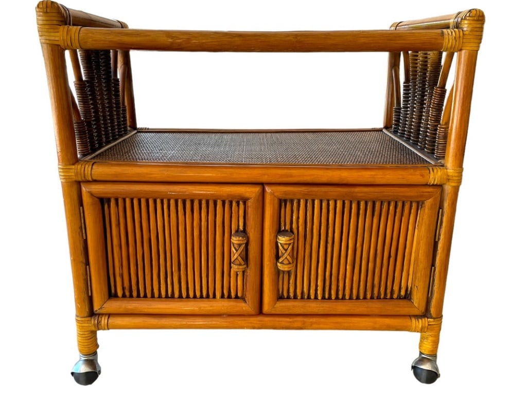 VINTAGE BAMBOO RATTAN WICKER ROLLING BAR CART (1 of 6)