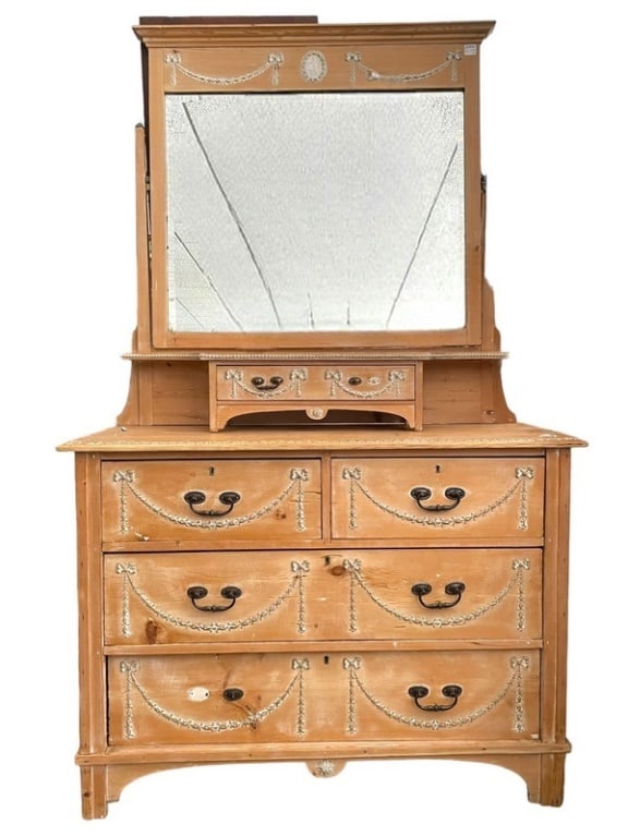 ANTIQUE CARVED OAK DRESSER WITH MIRROR: ANTIQUE CARVED OAK DRESSER WITH MIRROR-31.5" H X 42" W X 20" APPROX TO DRESSER-31.5" X 32" MIRROR-GOOD PRE OWNED CONDITION, MINOR WEAR WITH AGE-DP6724