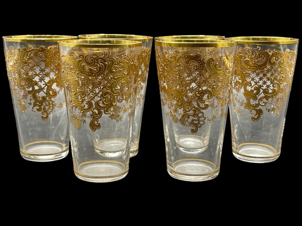 SET OF 6 BOHEMIAN GOLD GILT DECORATED SHOT GLASSES: SET OF 6 BOHEMIAN GOLD GILT DECORATED SHOT GLASSES-VERY GOOD PRE-OWNED CONDITION-4 3/4"H X 2"