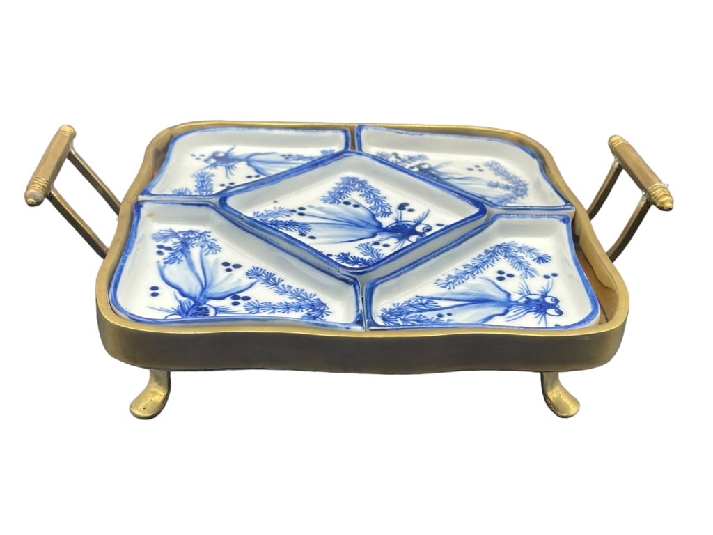 VTG CHINESE PORCELAIN BRASS KOI FISH SERVING TRAY (1 of 3)