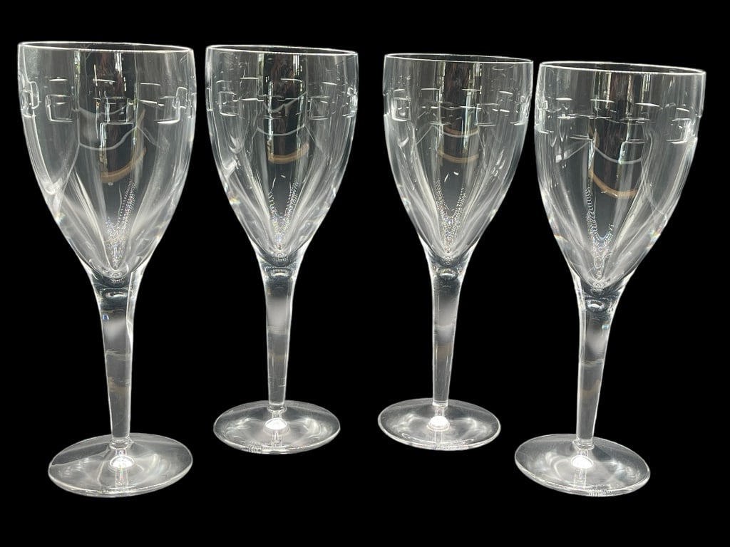 RARE JOHN ROCHA WATERFORD GEO WINE GLASSES: RARE JOHN ROCHA WATERFORD GEO WINE GLASSES -VERY GOOD CONDITION- NO CHIPS, CRACKS OR REPAIRS -APROX 9 3/4"H X 3 1/2"W Bidders may pick up their items from the auction-house or have their items shipped