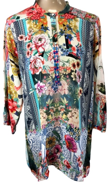 JOHHNY WAS MULTI COLOR FLORAL PATTERN SILK SHIRT - (1 of 3)