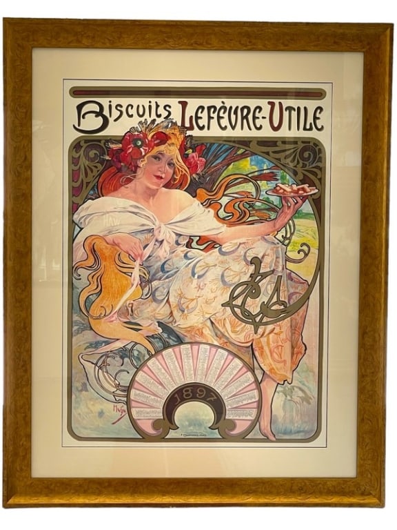 ALPHONSE MUCHA BISCUITS LEF?VRE-UTILE PRINT 58.5": ALPHONSE MUCHA BISCUITS LEFEVRE-UTILE VINTAGE STYLE PRINT -58.5" X 46" APPROX -VERY GOOD PRE OWNED CONDITION -DP43024 Bidders may pick up their items from the auction-house or have their items shipped