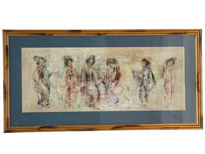VINTAGE EDNA HIBEL PRINT: VINTAGE EDNA HIBEL GEISHA GIRLS PRINT IN BAMBOO RATTAN STYLE FRAME -24" X 47" APPROX TO FRAME -VERY GOOD PRE OWNED CONDITION -DP61824 Bidders may pick up their items from the auction-house or have the