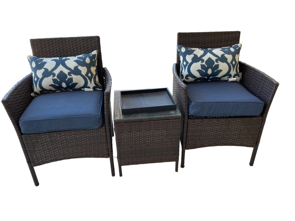 PAIR OF RESIN COATED WICKER LOUNGE CHAIRS & TABLE (1 of 6)