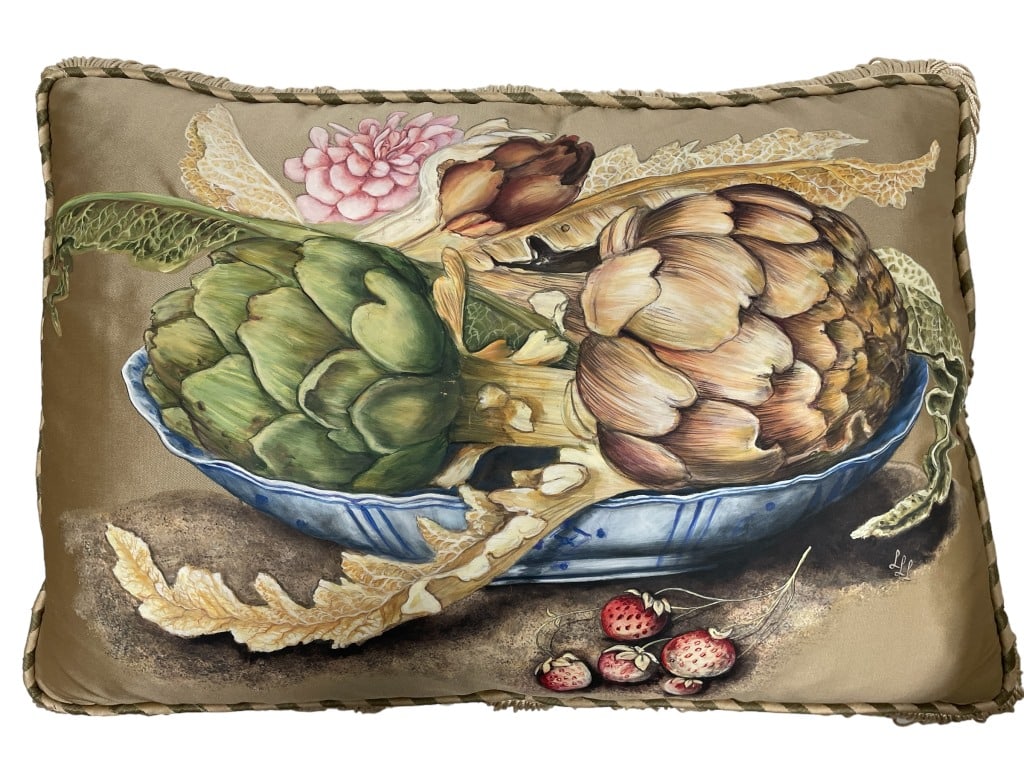 HAND PAINTED SILK PILLOW: HAND PAINTED SILK PILLOW -19IN x 14in -JH061324 Bidders may pick up their items from the auction-house or have their items shipped. Some items qualify for in-house shipping. Appointments are required 