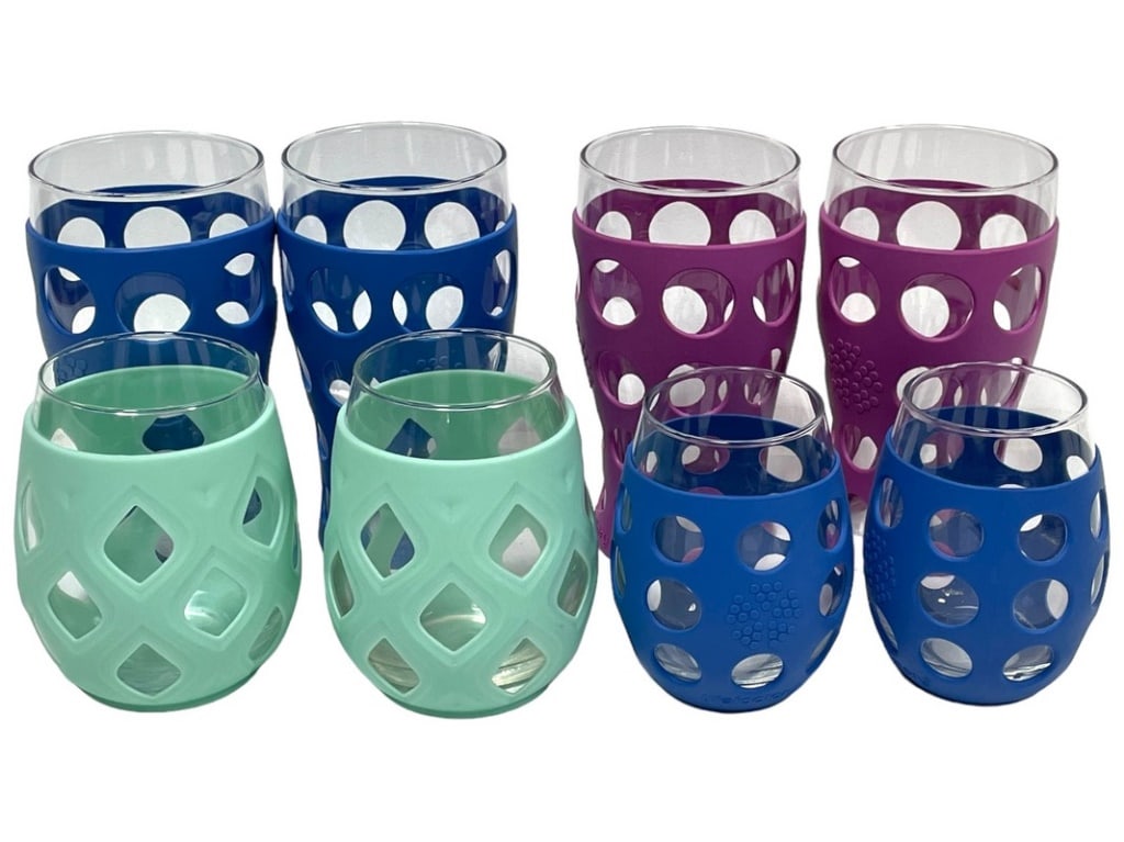 8 LIFE FACTORY GLASSES W RUBBER SLEEVES: LOT OF 8 LIFE FACTORY GLASS ASSORTMENT WITH SILICONE SLEEVES -4 LARGE PILSNER GLASSES -2 RED WINE GLASSES -2 WHITE WINE GLASSES