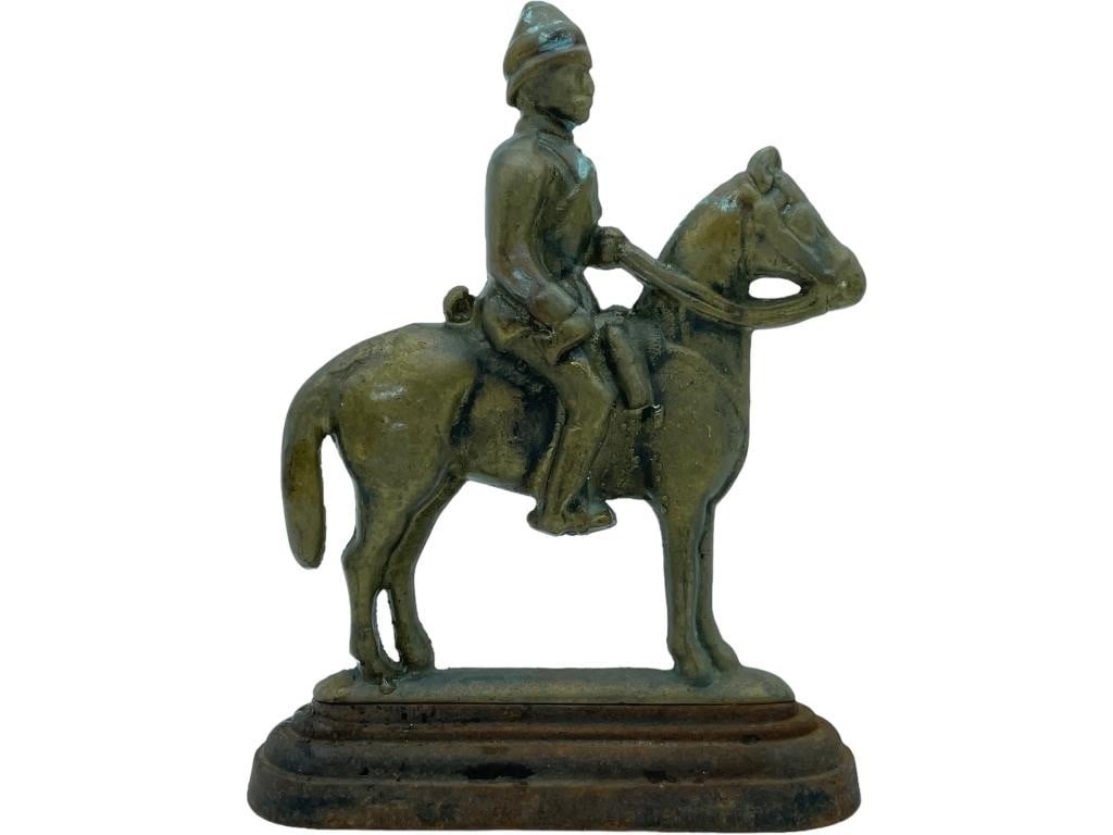 BRASS CALVARY SOLDIER ON HORSEBACK WITH CAST IRON: BRASS CALVARY SOLDIER ON HORSEBACK WITH CAST IRON N BASE -DOOR STOP -SET OF 2 -SIZE: 10"H -PREOWNED CONDITION
