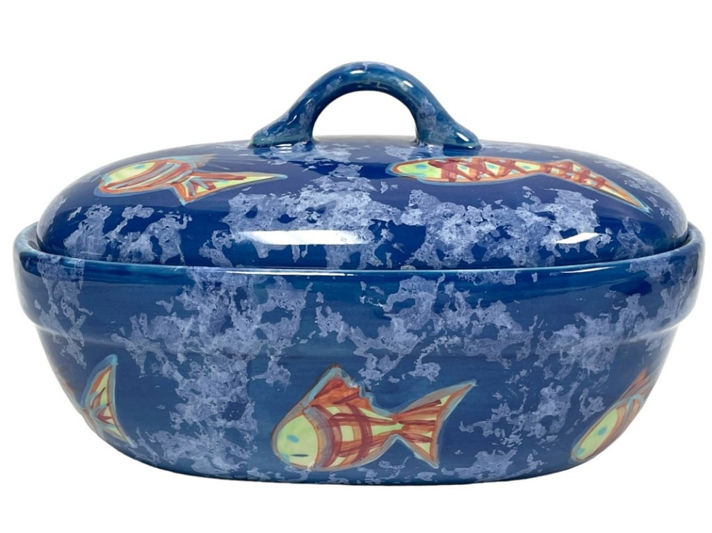 CERAMIC LIDDED OVAL CASSEROLE DISH  W FISH 8" (1 of 8)