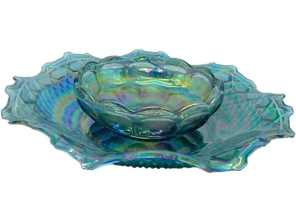 VINTAGE IRIDESCENT BLUE CARNIVAL GLASS CHIP & DIPY (1 of 3)