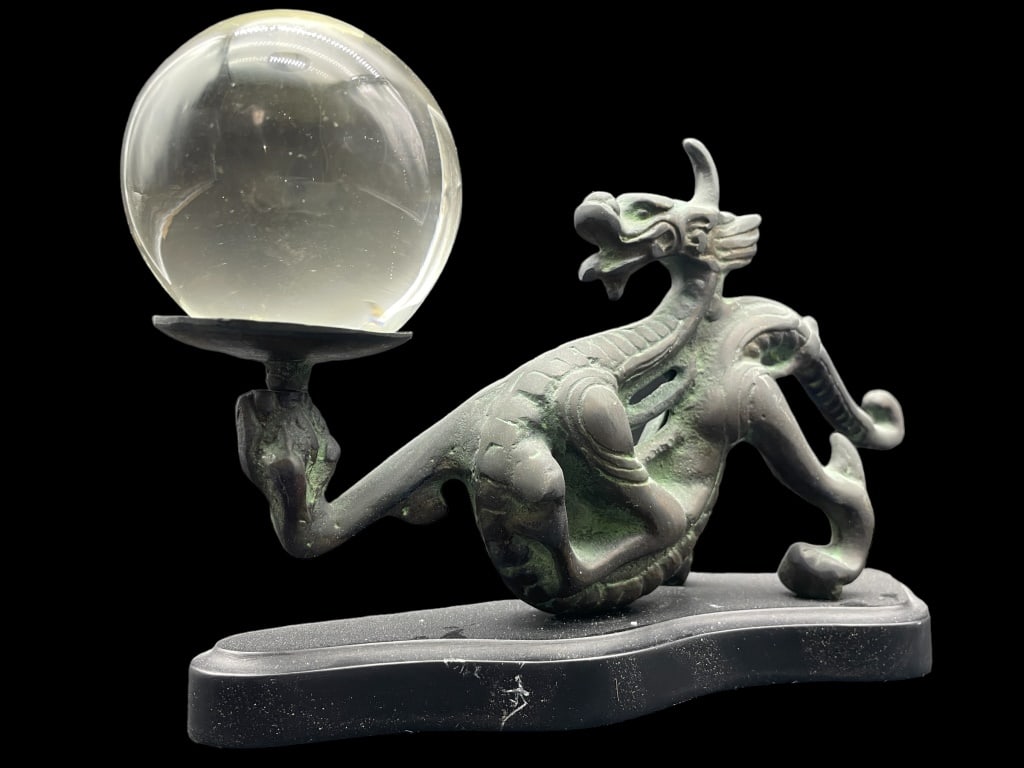 DRAGON SCULPTURE WITH CRYSTAL BALL: DRAGON SCULPTURE WITH CRYSTAL BALL -LWH (8.5"x4.5"x5.5") -JH061424