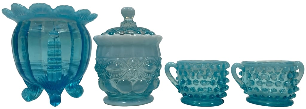 VTG FENTON KLONDYKE BLUE GLASSWARE: VTG FENTON KLONDYKE BLUE TGLASSWARE -SET COMES WITH: FLUTED ROSE BOWL SUGAR BOWL TEA CUP