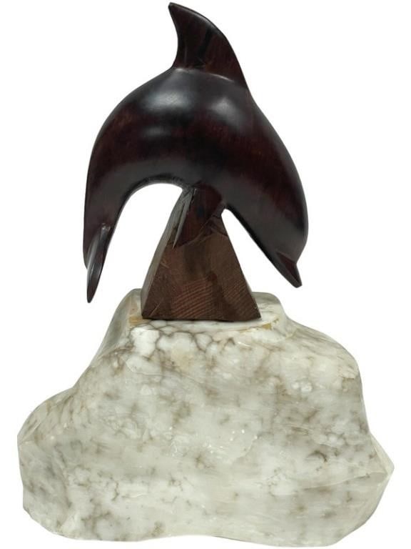 VINTAGE MID CENTURY WOOD CARVED DOLPHIN ON MARBLEE (1 of 6)