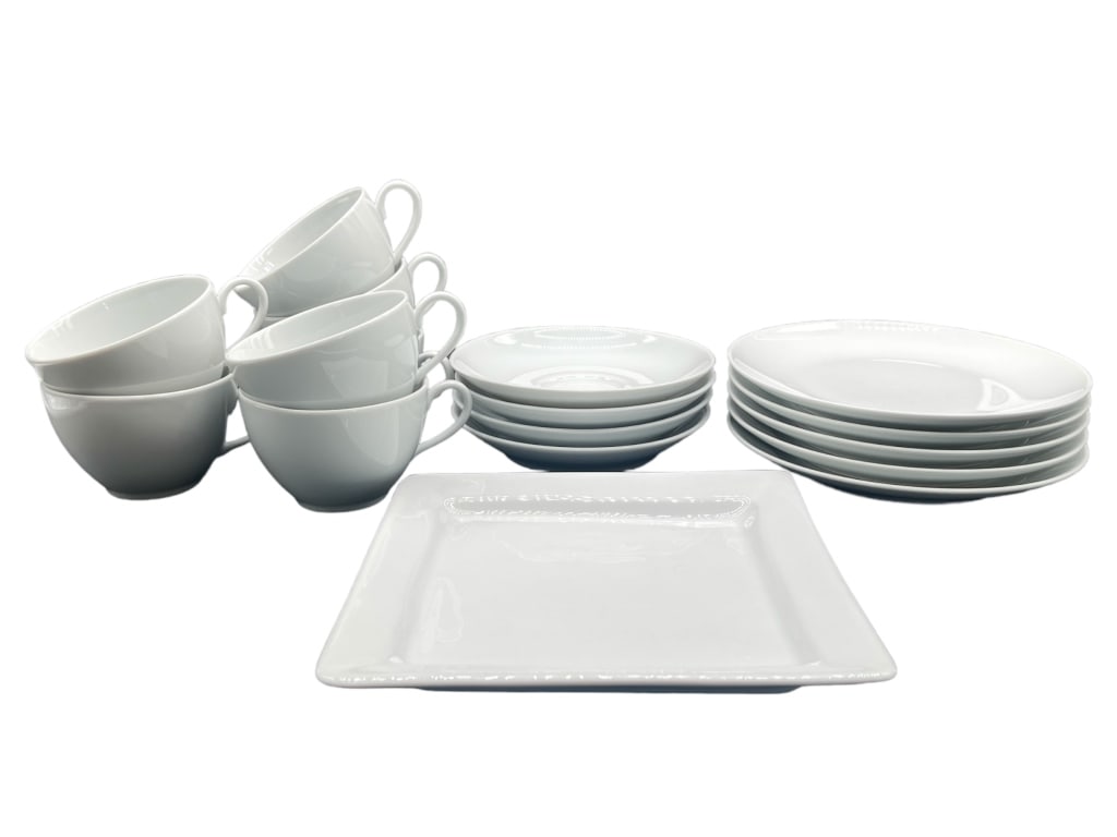 PILLIVUYT PORCELAIN SERVING DISH AND PLATE: PILLIVUYT PORCELAIN SERVING DISH AND PLATE -7 MUGS, 4 MUG PLATES, 5 SERVING PLATES, 1 RECTANGULAR SERVING PLATE -ITEM CONDITION GOOD -MA062524Bidders may pick up their items from the auction-house or 