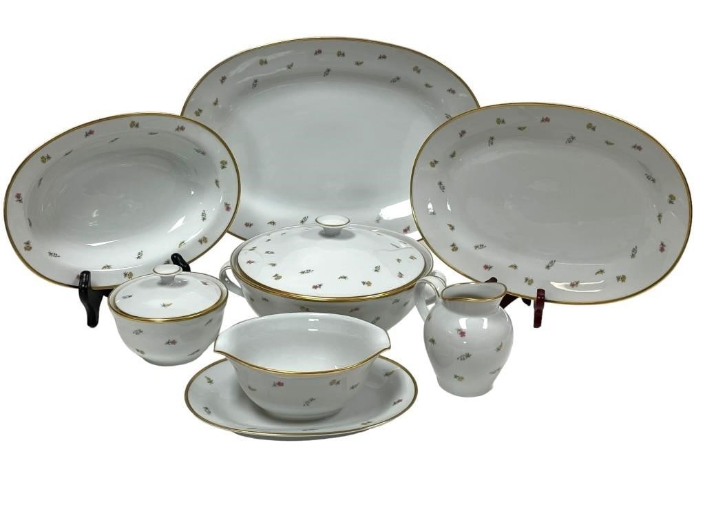 7PC RICHARD GINORI SPRING FLOWERS SERVING DISH SET: 7 PIECE RICHARD GINORI SPRING FLOWERS PORCELAIN DINNERWARE SERVING SET WITH GOLD TRIM - ITALIAN MID CENTURY STYLE TABLE DINNERWARE SETS -10" , 12" , AND 15" PLATTER, SUGAR CADDY CREAMER, LIDDED CASSER