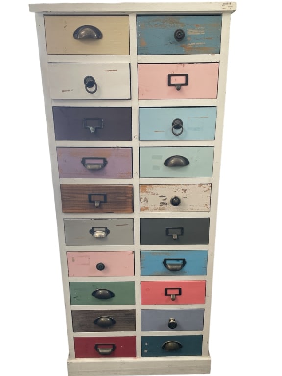 COASTAL VINTAGE ARTS AND CRAFTS CHEST 48"H: COASTAL VINTAGE ARTS AND CRAFTS CHEST -48"h x 20 3/4"w x 12 3/4"d -20 COLORFUL DRAWS -ITEM CONDITION PRE-OWNED VERY GOOD -MA062824 Bidders may pick up their items from the auction-house or have their 
