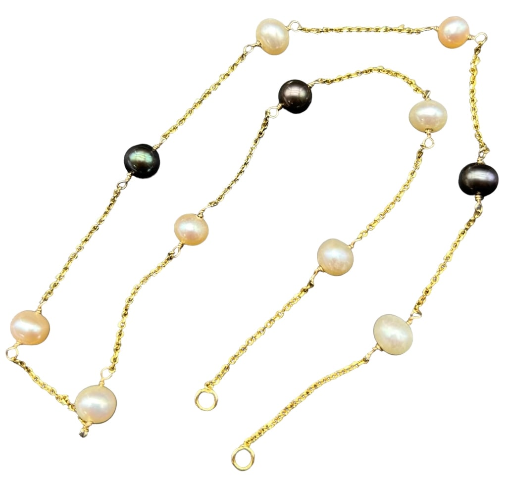 14K GOLD STATION CHAIN WITH BLACK & WHITE PEARLS