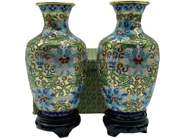 VINTAGE PAIR OF CLOISONNE FLORAL ENAMEL VASES