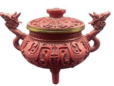 VTG CHINESE CINNABAR TRIPOD INCENSE BURNER