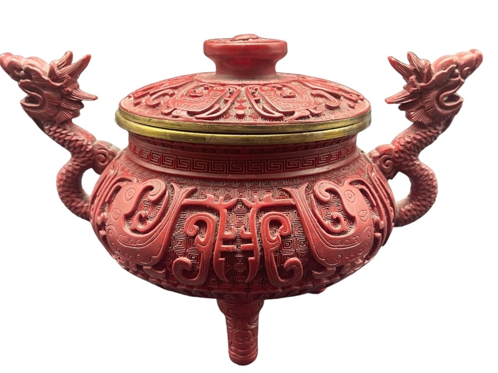 VTG CHINESE CINNABAR TRIPOD INCENSE BURNER (1 of 4)