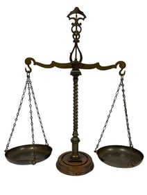 VINTAGE BRASS BALANCE SCALE ON WOOD BASE 39"