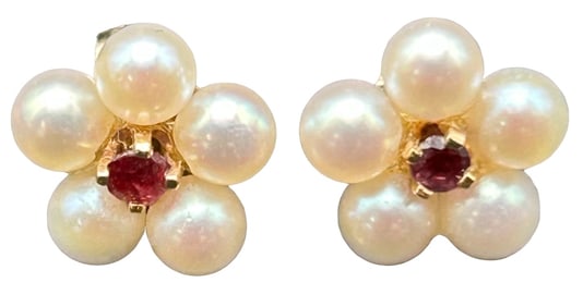 14K YELLOW GOLD PEARL & RUBY EARRINGS