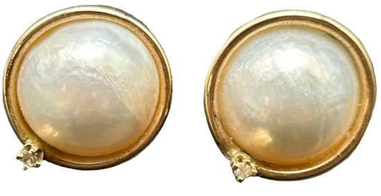 14K YELLOW GOLD PEARL AND DIAMOND EARRINGS